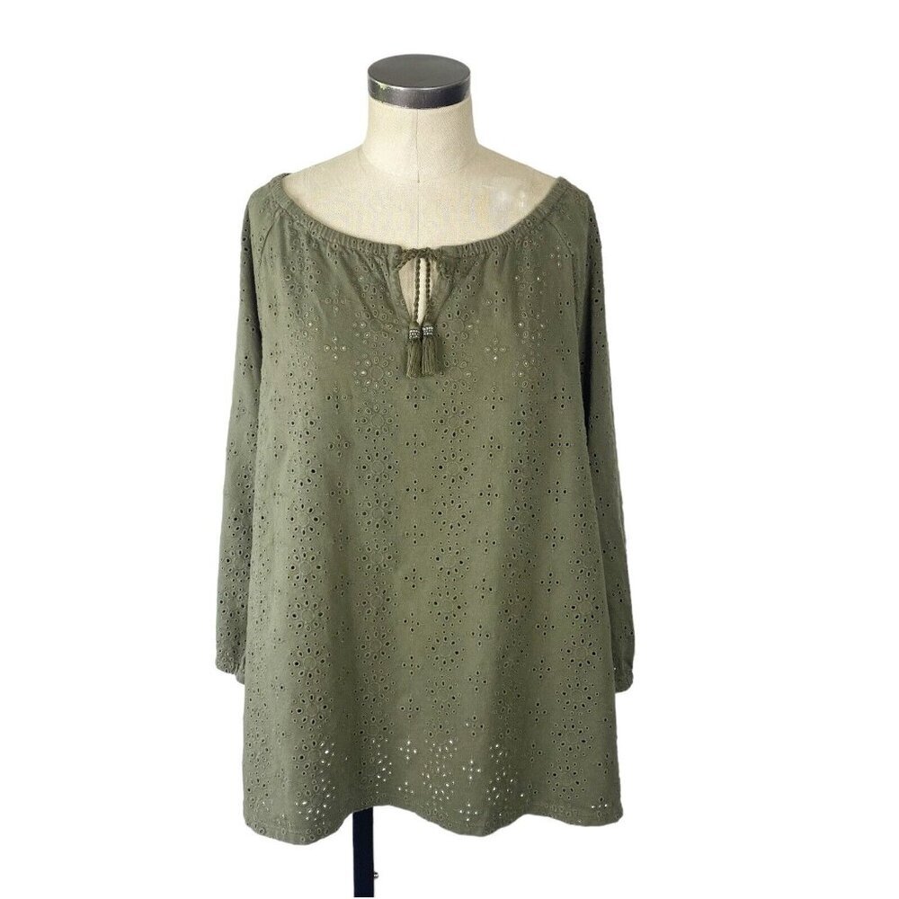 J Jill Tassel Tie Keyhole Neck Cotton Eyelet Top XL Olive Green 148521